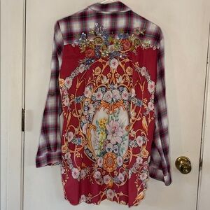 Aratta Silent Journey red blue plaid floral print long sleeve top sequins Sz L